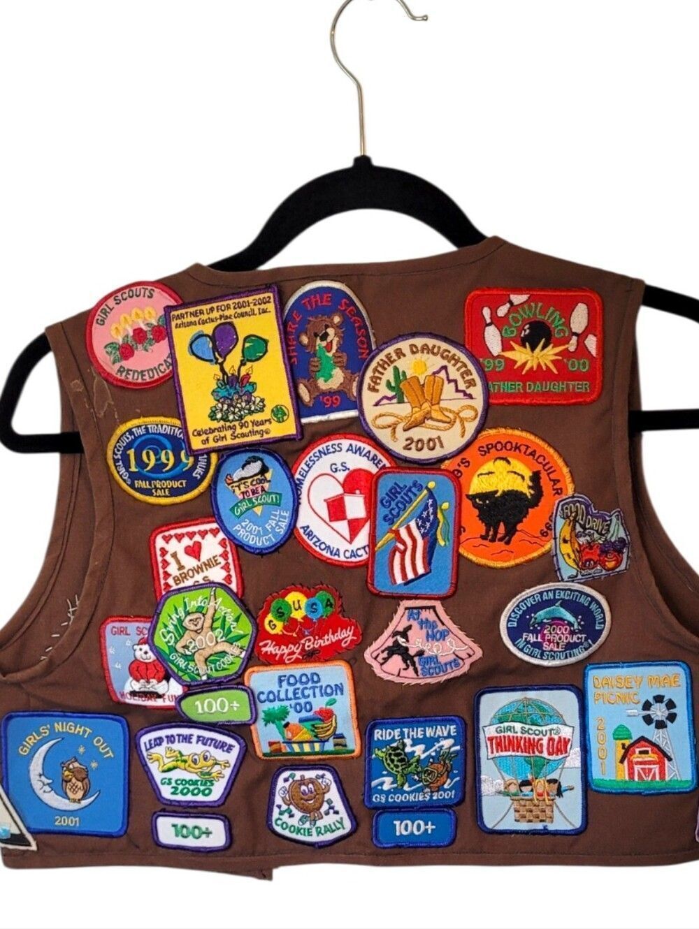 Vintage Girl Scouts USA Cactus Pines 1550 Brown Vest with Merit Badges One Size